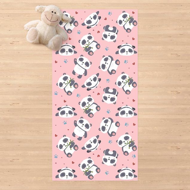 tapis extérieur terrasse Panda mignon avec empreintes de pattes et cœurs rose pastel