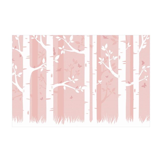 tapis forêt Forêt de bouleaux rose avec papillons et oiseaux