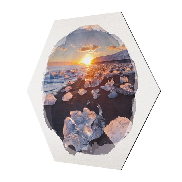 Tableaux nature Aquarelles - Morceaux de glace sur la plage Islande
