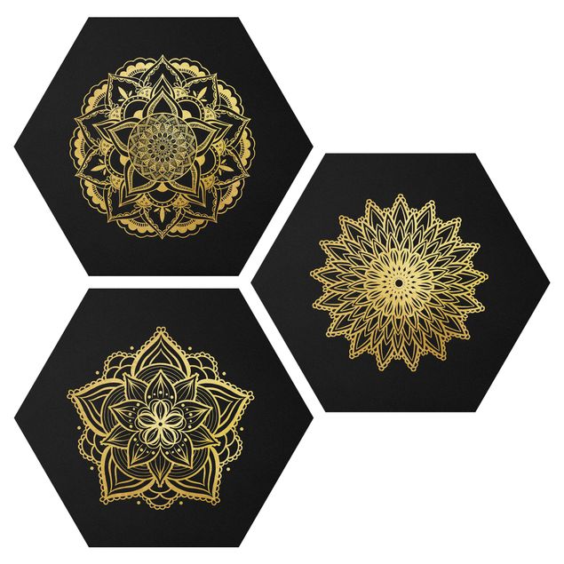 Tableaux dessins Mandala Flower Sun Illustration Set Black Gold