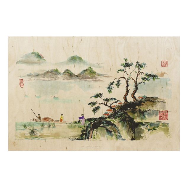 Tableaux en bois avec paysage Dessin Aquarelle Japonaise Lac et Montagnes