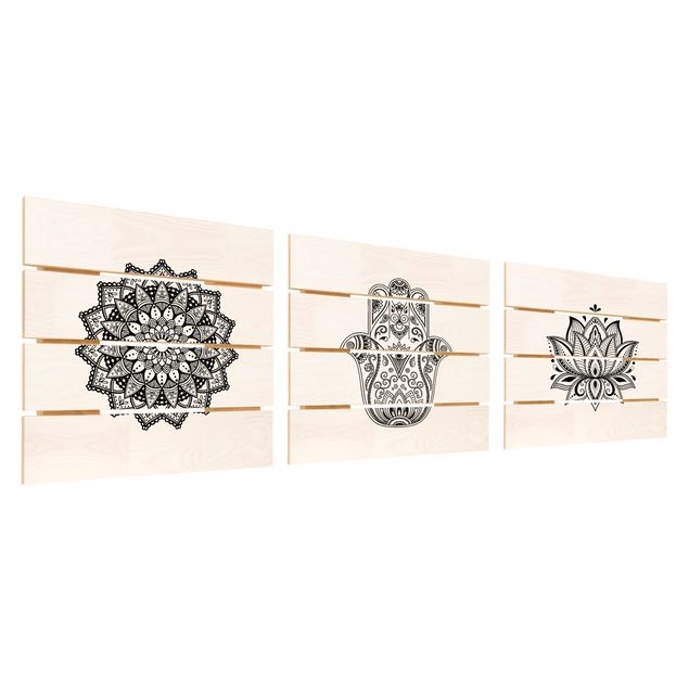 Impression sur bois - Mandala Hamsa Hand Lotus Set On White