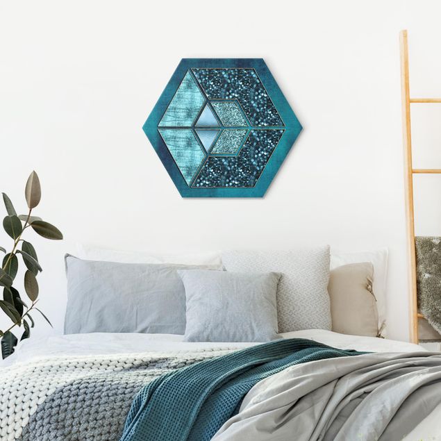 Tableau moderne Hexagone Bleu avec Contour Doré