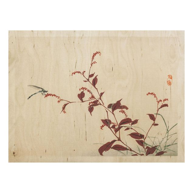 Tableaux en bois avec fleurs Dessin vintage asiatique Branche rouge avec libellule