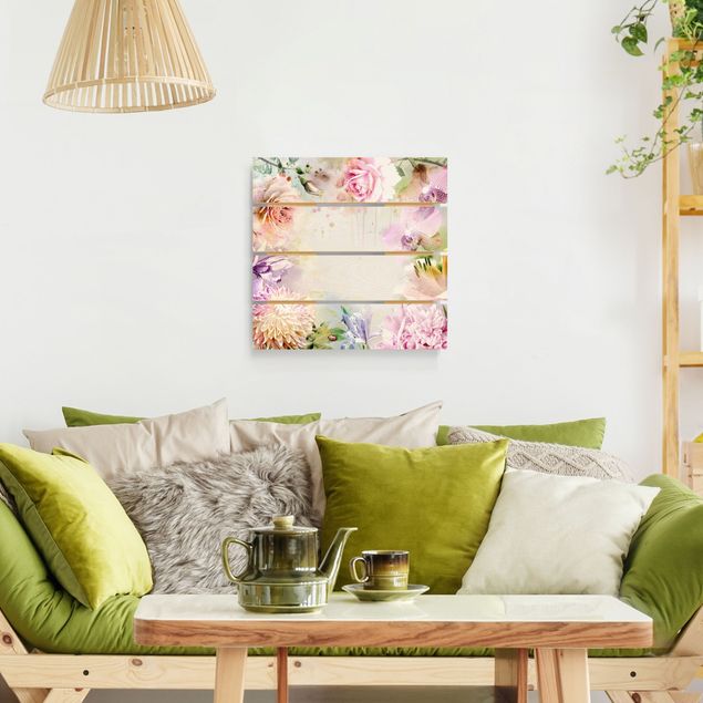 Tableaux en bois avec fleurs Mélange de fleurs pastel à l'aquarelle