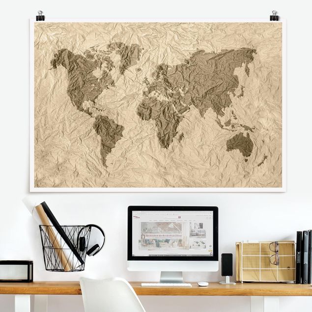 Déco mur cuisine Carte du Monde en Papier Beige Marron