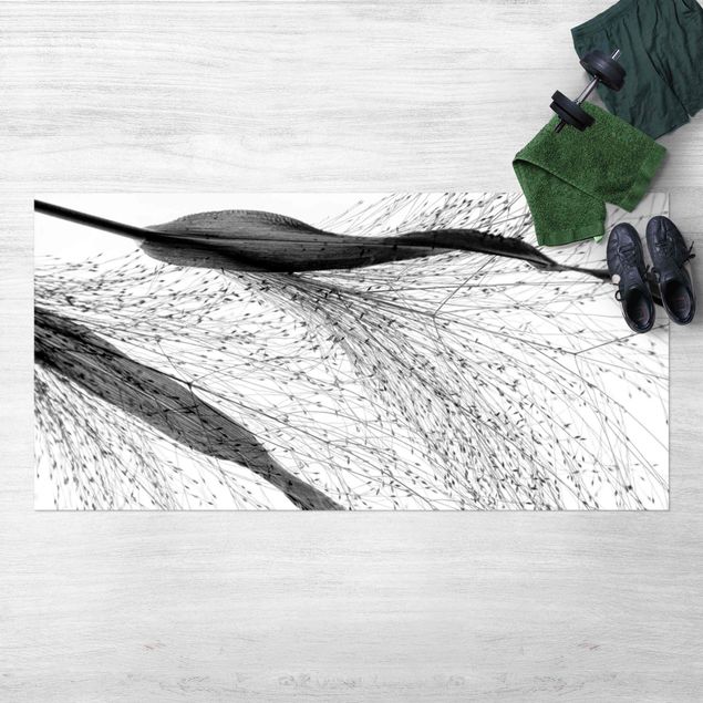 tapis extérieur Roseau délicat avec bourgeons subtils noir et blanc