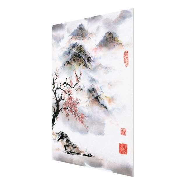 Tableau arbre Dessin aquarelle japonais Cerisier et montagnes