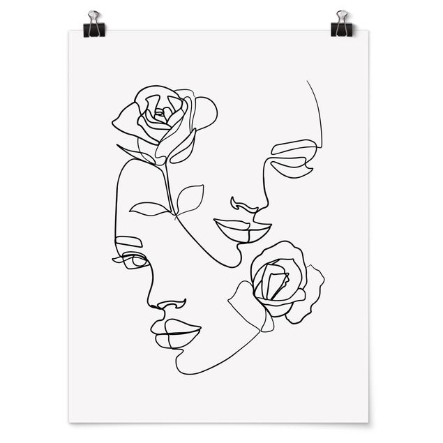 Posters en noir et blanc Line Art Visages Femmes Roses Noir et Blanc
