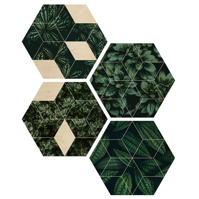 Impression sur bois Feuilles vertes - Ensemble géométrique I