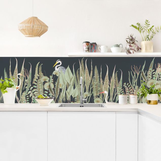 crédence cuisine en verre Flamant et Cigogne avec plantes sur fond vert