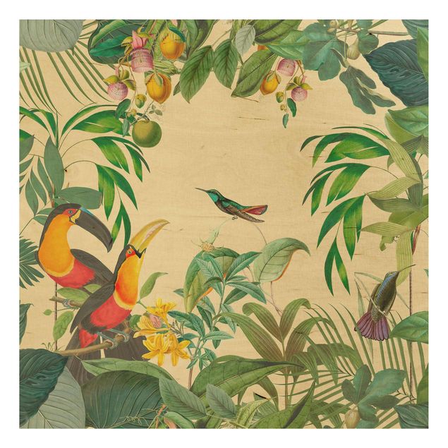 Tableaux en bois avec fleurs Collage Vintage - Oiseaux dans la jungle
