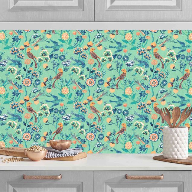 Décorations cuisine Indian Pattern Birds with Flowers Turquoise