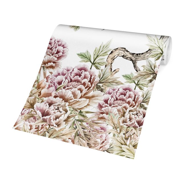 Papier peint floral Aquarelle - Cigognes en vol avec roses