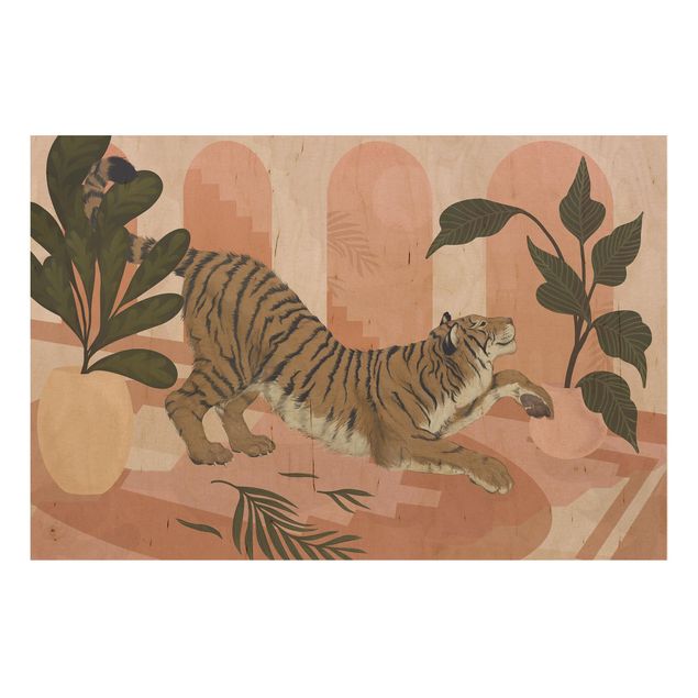 Tableaux Illustration Tigre dans une peinture rose pastel