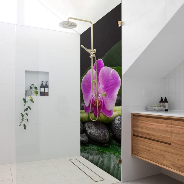 Panneau mural douche Bambou vert avec fleur d'orchidée