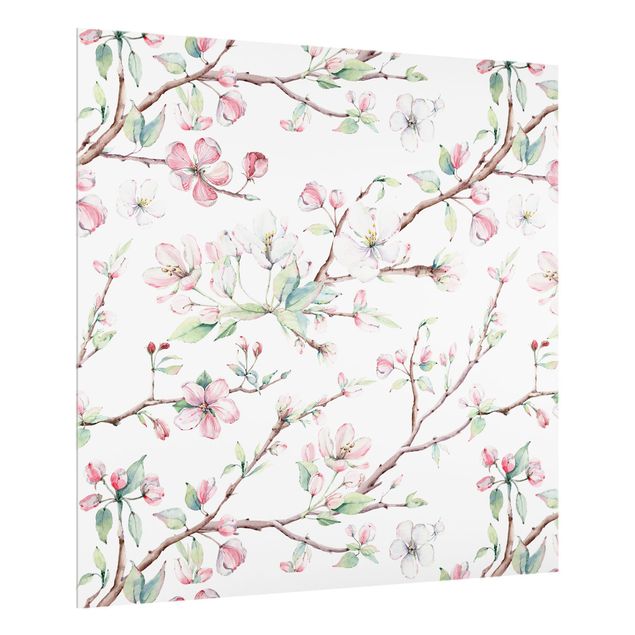Fonds de hotte avec dessins Aquarelle - Branches de pommiers en fleur rose clair et blanc