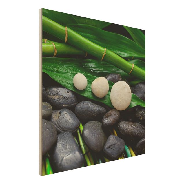 Déco mur cuisine Bambou vert avec pierres zen
