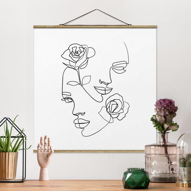 Déco mur cuisine Line Art Visages Femmes Roses Noir et Blanc