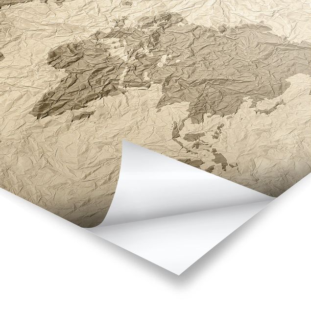 Affiche déco Carte du Monde en Papier Beige Marron