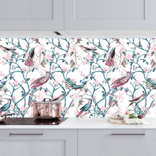 Déco mur cuisine Light Pink Morning Glories With Birds In Blue