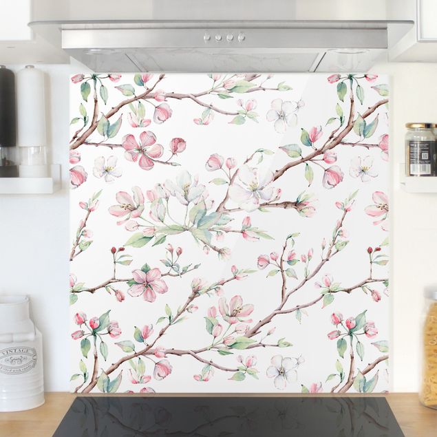 Déco mur cuisine Aquarelle - Branches de pommiers en fleur rose clair et blanc