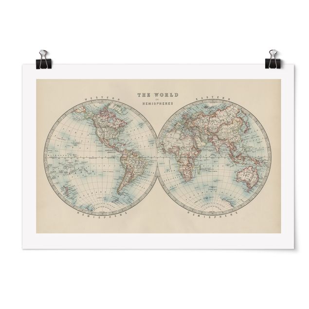 Poster carte du monde Tableau Vintage du Monde Les Deux Hémisphères