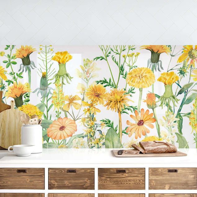Déco mur cuisine Aquarelle - Prairie de fleurs en Gelb