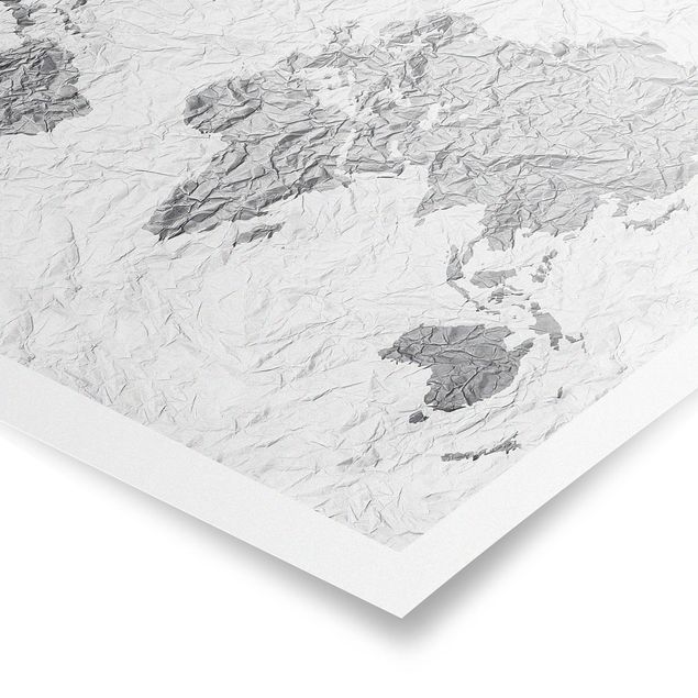 Tableaux noir et blanc Carte du Monde en Papier Blanc Gris