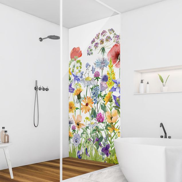 Revêtement mural douche Prairie de fleurs à l'aquarelle