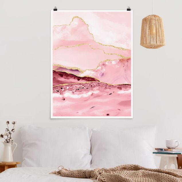 Déco murale cuisine Montagnes abstraites roses avec lignes dorées