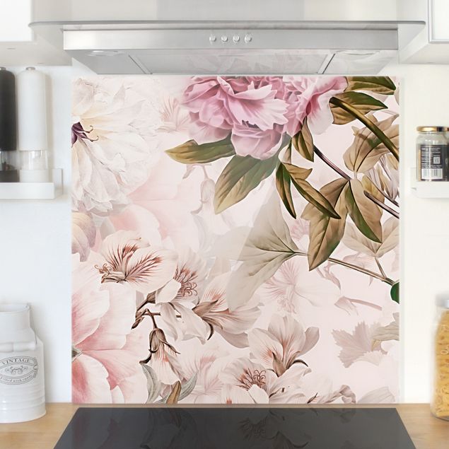Déco murale cuisine Pivoines illustrées en rose clair