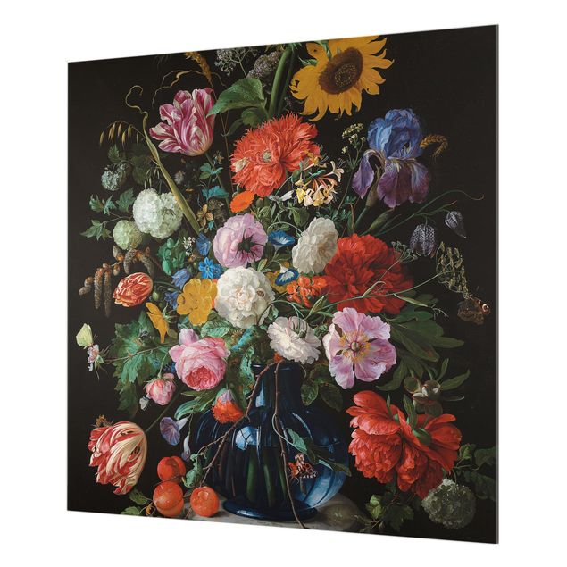 Reproduction tableaux célèbres Jan Davidsz de Heem - Des tulipes, un tournesol, un iris et d'autres fleurs dans un vase en verre sur le socle en marbre d'une colonne