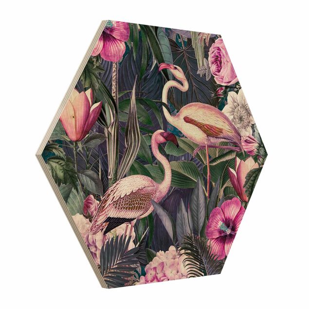 Tableaux moderne Collage coloré - Flamants roses dans la jungle