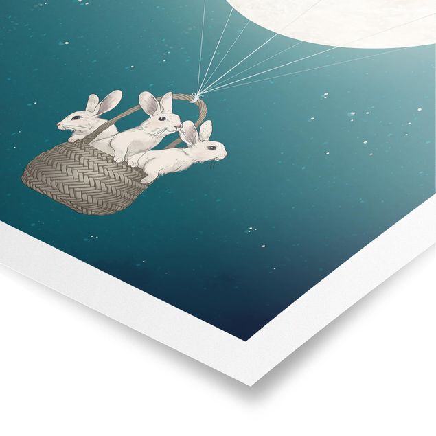 Tableau turquoise Illustration Lapins Lune comme Montgolfière Ciel étoilé