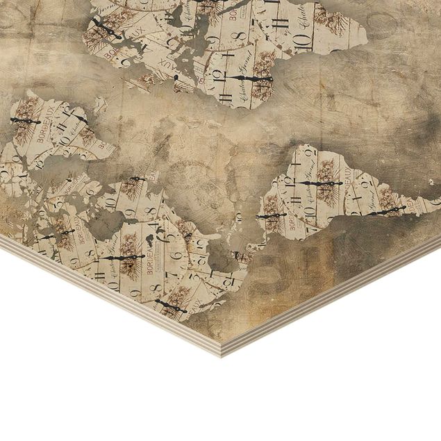 Hexagone en bois - Shabby Clocks World Map