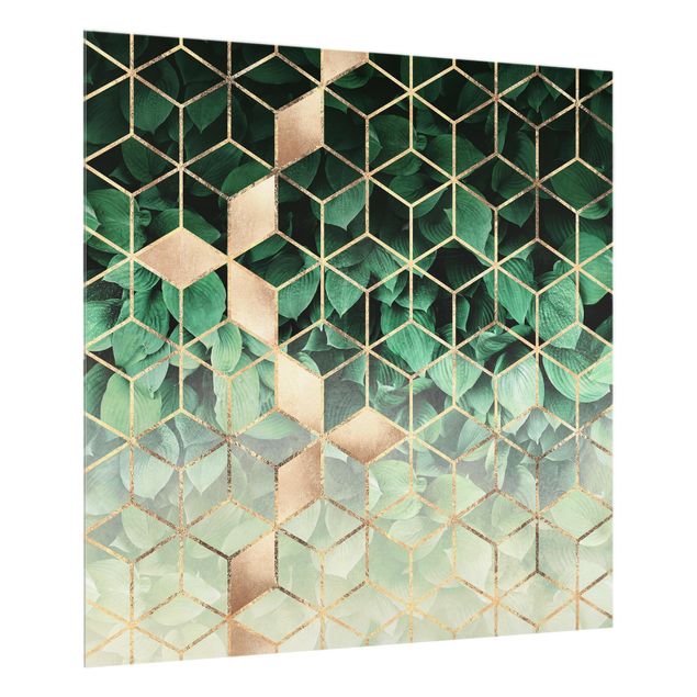 Fond de hotte verre Feuilles vertes Géométrie dorée