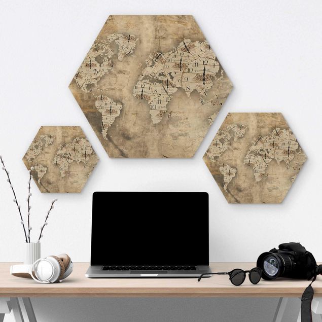 Hexagone en bois - Shabby Clocks World Map