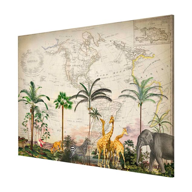 Tableau carte du monde Collage Vintage - Faune et flore sur carte du monde