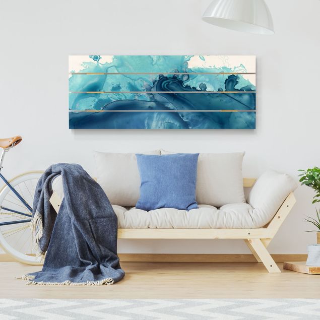 Tableaux en bois avec paysage Vague Aquarelle Bleu l