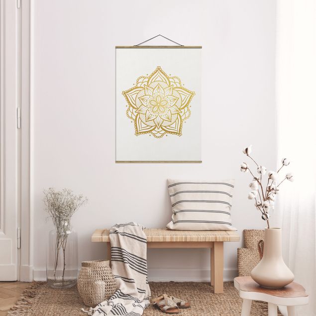 Tableau moderne Illustration Mandala Fleur Or Blanc