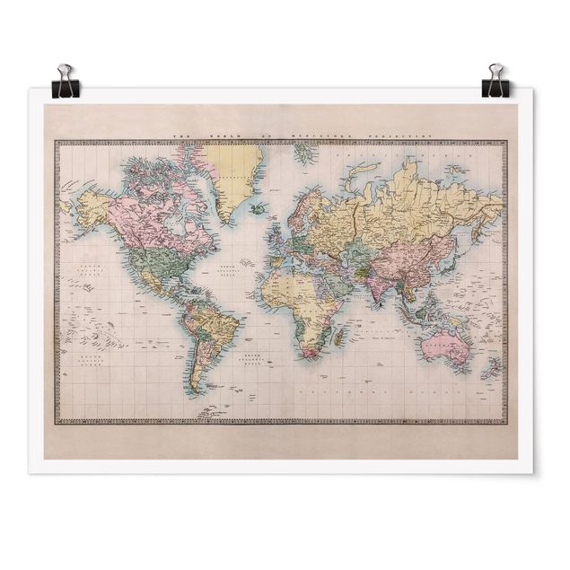 Poster carte du monde Tableau Vintage du monde vers 1850