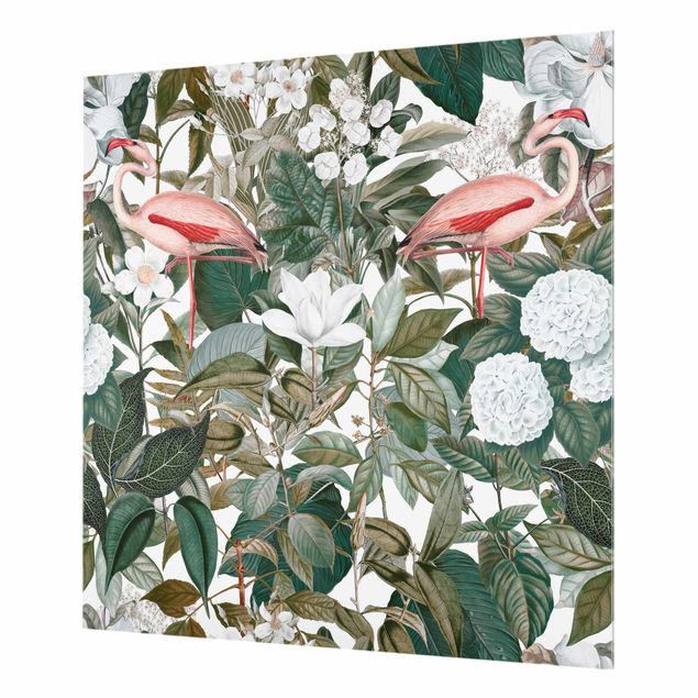Tableaux de Andrea Haase Flamants roses avec feuilles et fleurs blanches