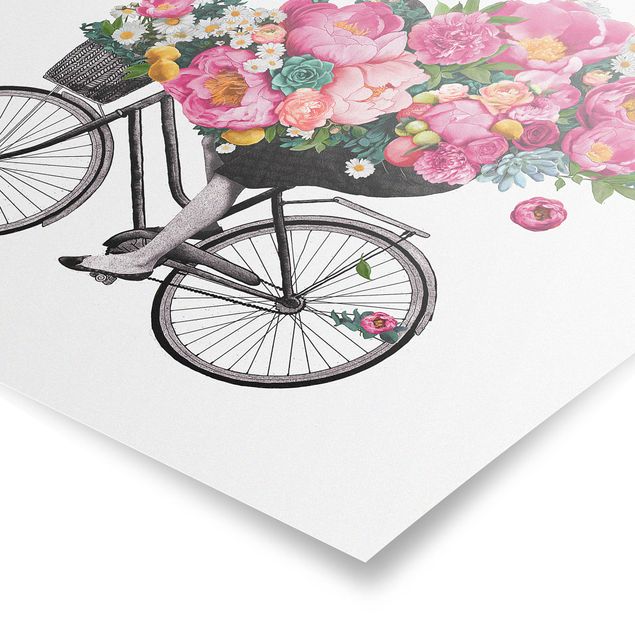 Tableau couleur rose Illustration Femme à Bicyclette Collage Fleurs Colorées