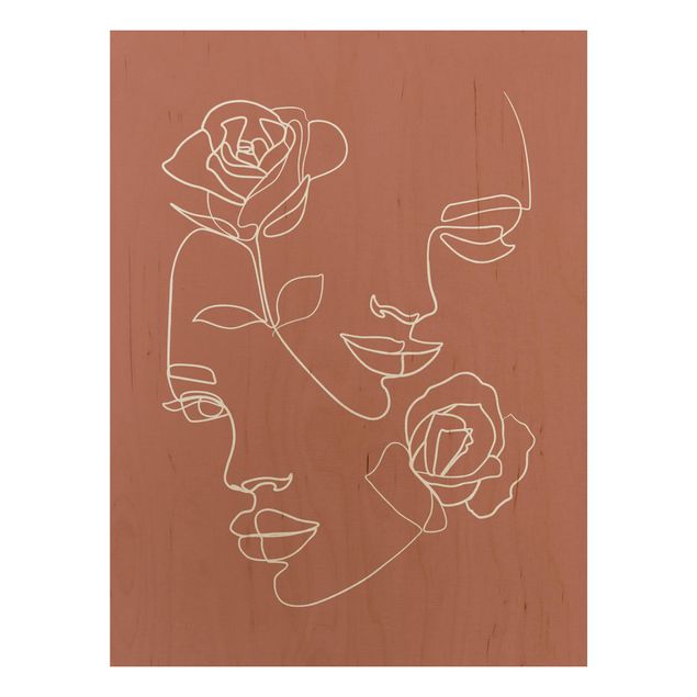 Tableaux en bois avec fleurs Line Art Visages Femmes Roses Cuivre
