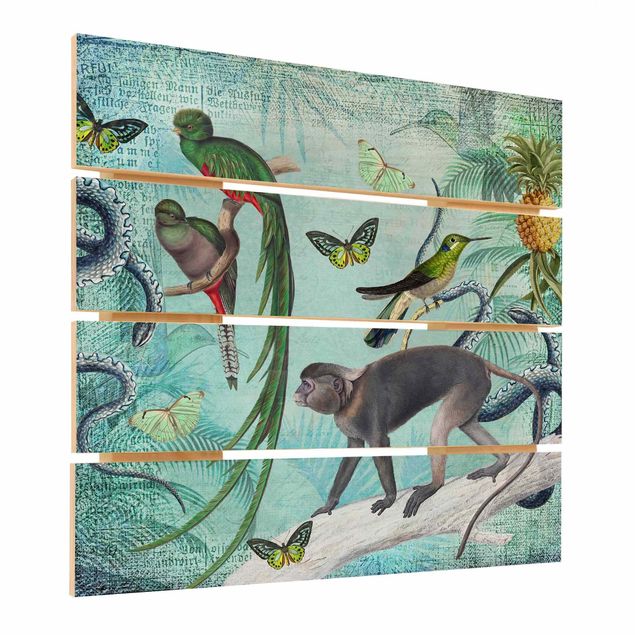 Tableaux bois Collage de style colonial - Singes et oiseaux de paradis