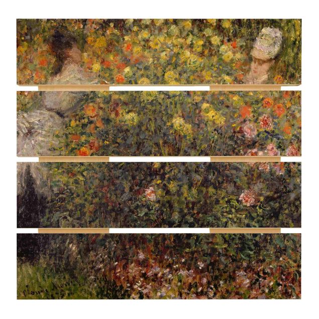 Tableaux en bois avec fleurs Claude Monet - Deux dames dans un jardin fleuri