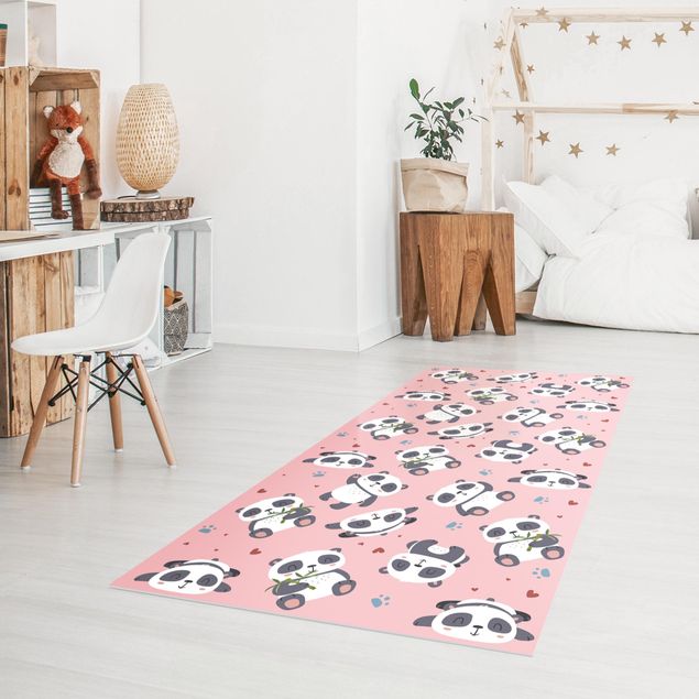 tapis terrasse Panda mignon avec empreintes de pattes et cœurs rose pastel