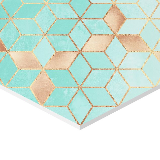 Tableau hexagonal Turquoise Blanc Géométrie Doré