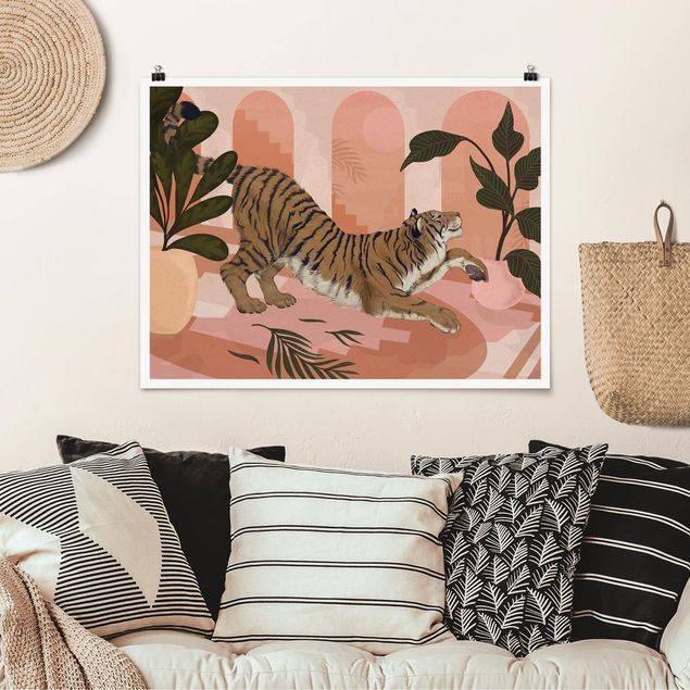 Déco murale cuisine Illustration Tigre dans une peinture rose pastel